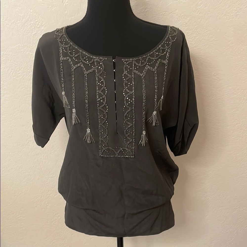 Rebecca Taylor Black Embroidered Tassel Blouse